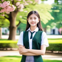 A beautiful 20-year-old girl wearing a school uniform, standing in a picturesque park