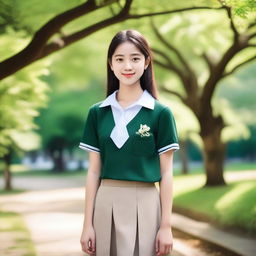 A beautiful 20-year-old girl wearing a school uniform, standing in a picturesque park