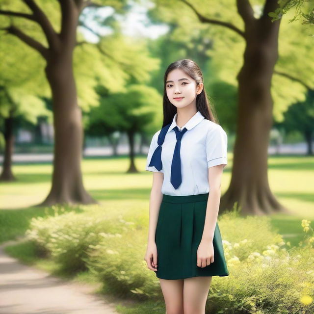 A beautiful 20-year-old girl wearing a school uniform, standing in a picturesque park