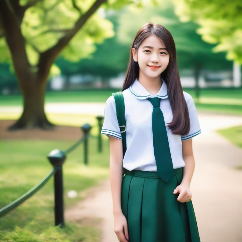 A beautiful 20-year-old girl wearing a school uniform, standing in a picturesque park