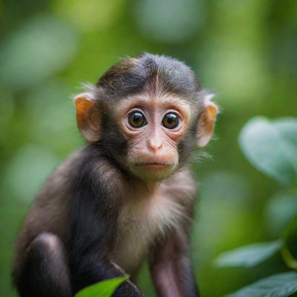 A small, innocent baby monkey with wide, curious eyes, lost amidst the dense, vibrant green hues of a teeming jungle, displaying a mix of fear and awe on its face.