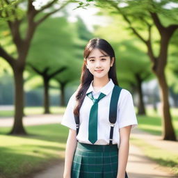 A beautiful 20-year-old girl wearing a school uniform, standing in a picturesque park