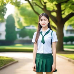 A beautiful 20-year-old girl wearing a school uniform, standing in a picturesque park