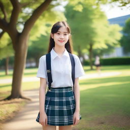 A beautiful 20-year-old girl wearing a school uniform, standing in a picturesque park