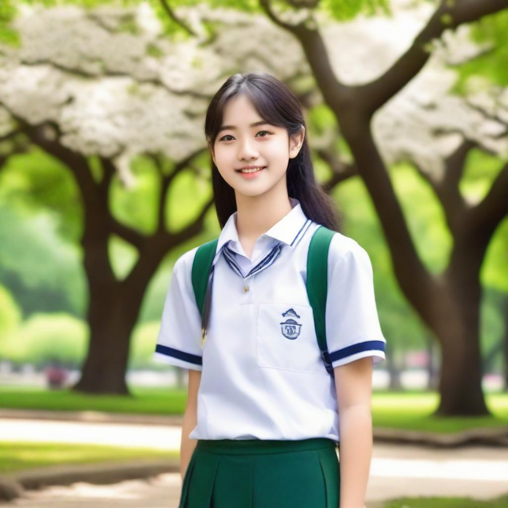 A photograph of a beautiful 20-year-old girl wearing a school uniform, standing in a picturesque park