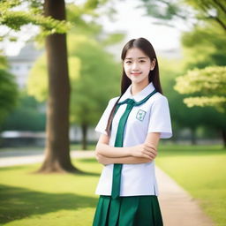 A photograph of a beautiful 20-year-old girl wearing a school uniform, standing in a picturesque park