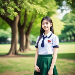 A photograph of a beautiful 20-year-old girl wearing a school uniform, standing in a picturesque park