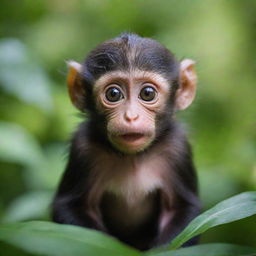 A small, innocent baby monkey with wide, curious eyes, lost amidst the dense, vibrant green hues of a teeming jungle, displaying a mix of fear and awe on its face.