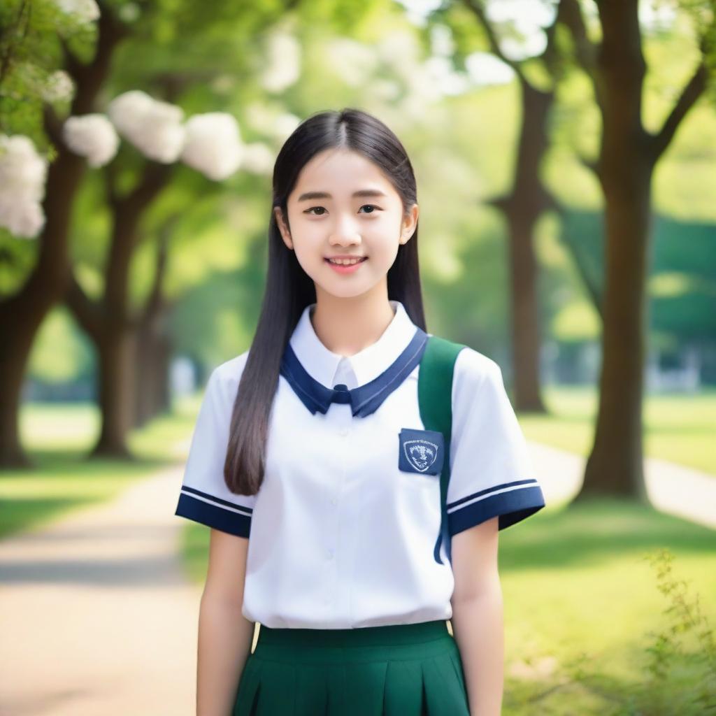 A photograph of a beautiful 20-year-old girl wearing a school uniform, standing in a picturesque park