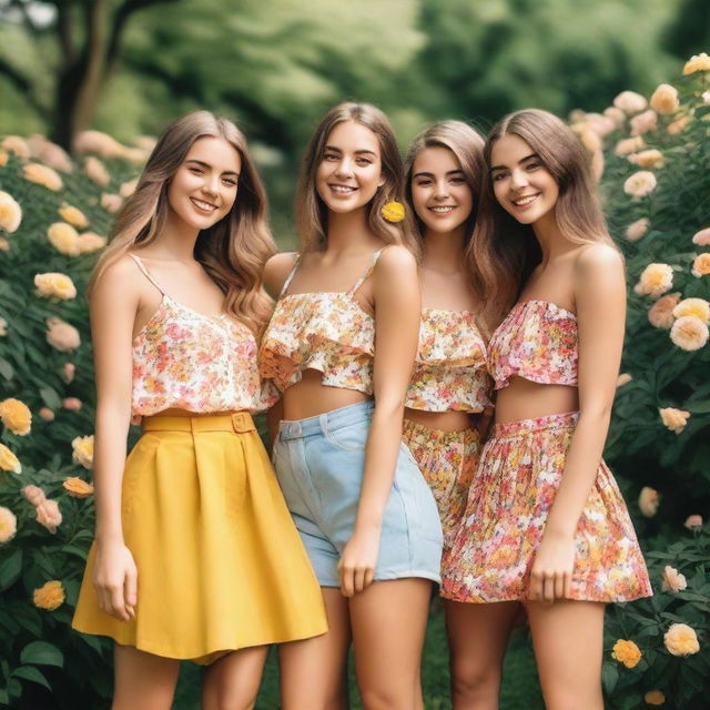 A group of beautiful girls standing together, smiling and enjoying a sunny day in a picturesque park