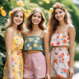 A group of beautiful girls standing together, smiling and enjoying a sunny day in a picturesque park