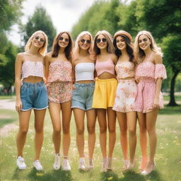 A group of beautiful girls standing together, smiling and enjoying a sunny day in a picturesque park