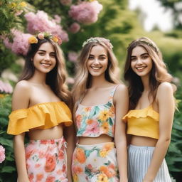 A group of beautiful girls standing together, smiling and enjoying a sunny day in a picturesque park