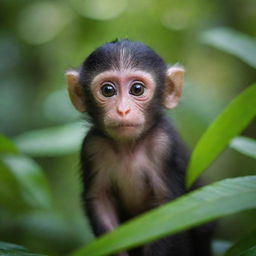 A small, innocent baby monkey with wide, curious eyes, lost amidst the dense, vibrant green hues of a teeming jungle, displaying a mix of fear and awe on its face.