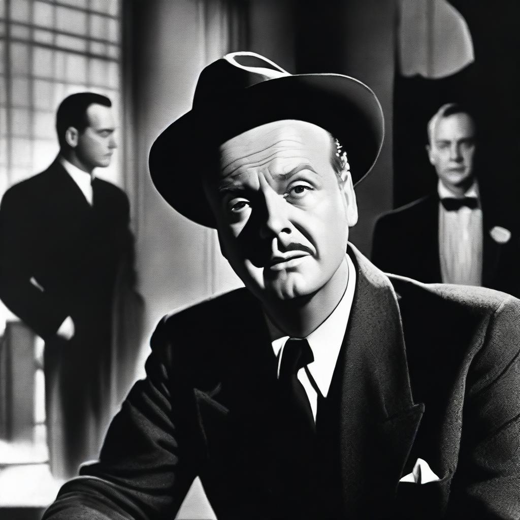 A detailed and realistic depiction of a scene from the classic film Citizen Kane, focusing on the character Charles Foster Kane in a dramatic moment