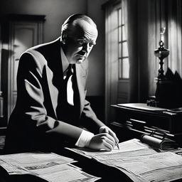 A detailed and realistic depiction of a scene from the classic film Citizen Kane, focusing on the character Charles Foster Kane in a dramatic moment