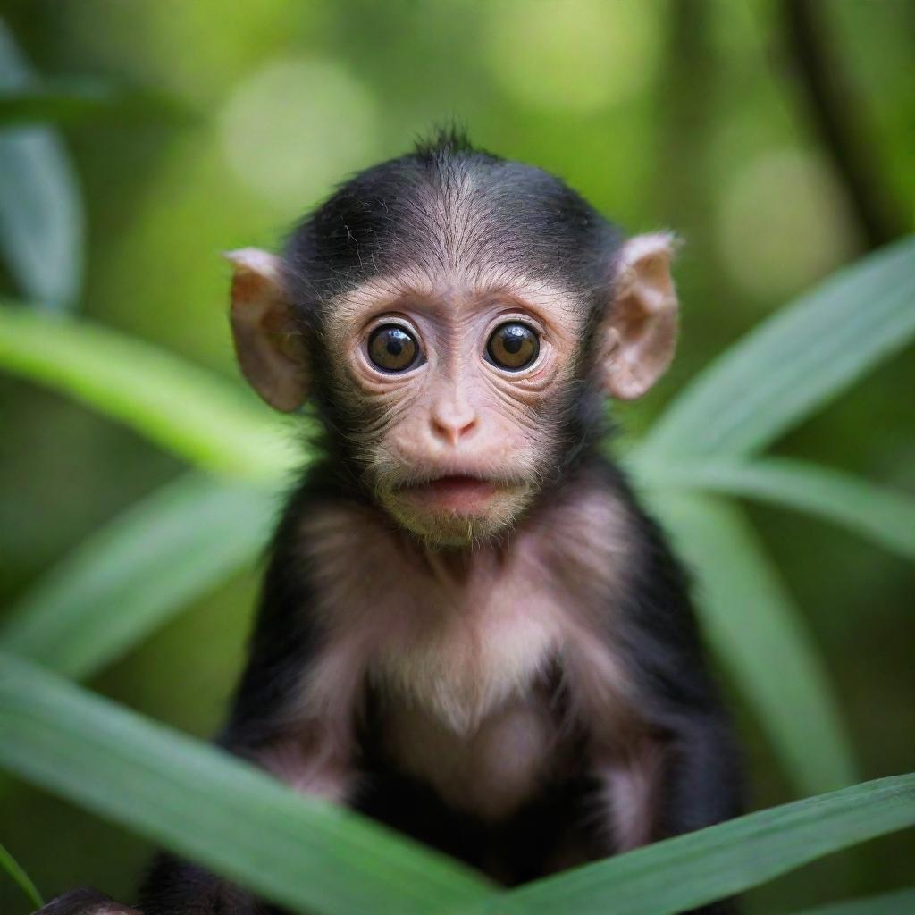 A small, innocent baby monkey with wide, curious eyes, lost amidst the dense, vibrant green hues of a teeming jungle, displaying a mix of fear and awe on its face.