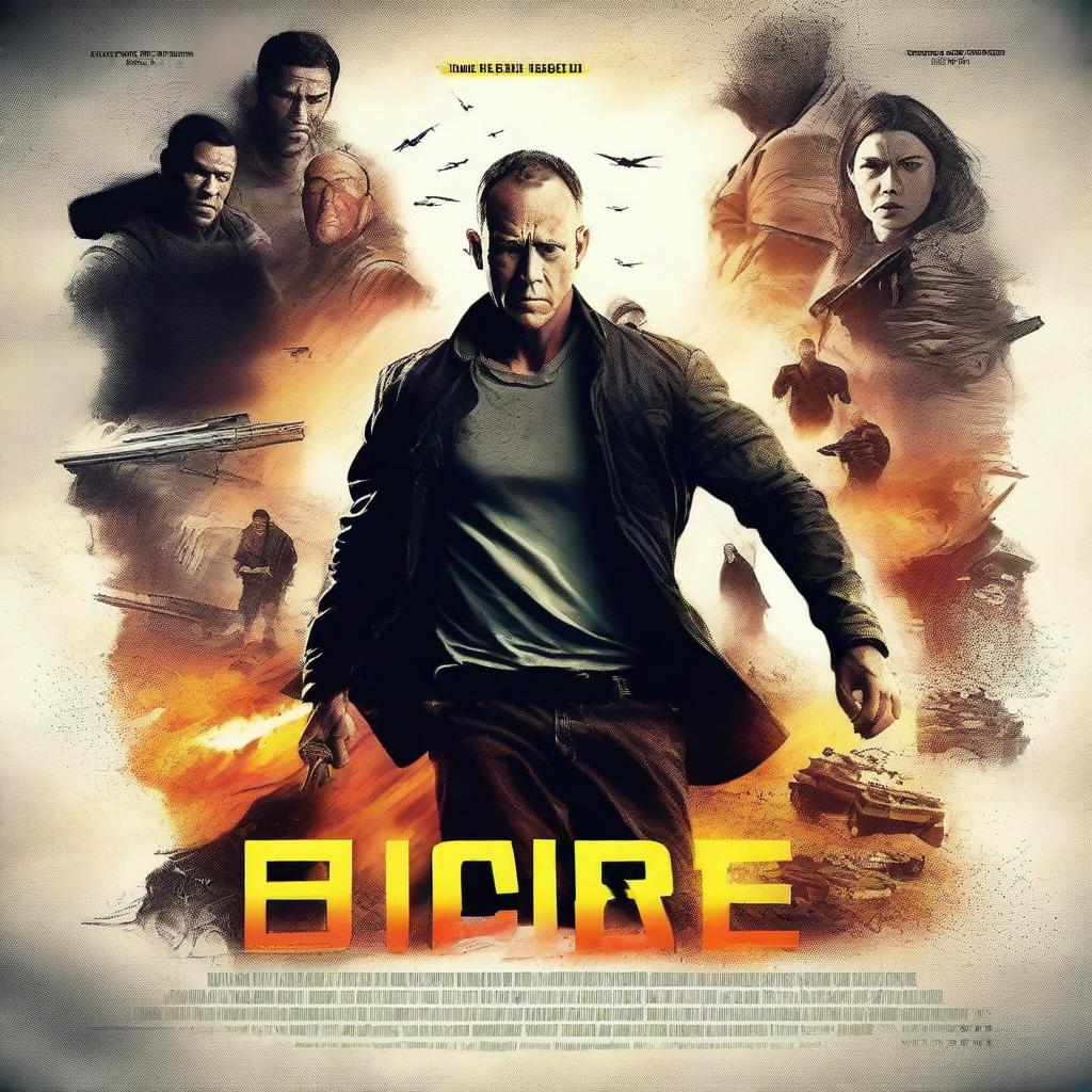 Create a visually striking movie poster featuring an epic scene from an action-packed film