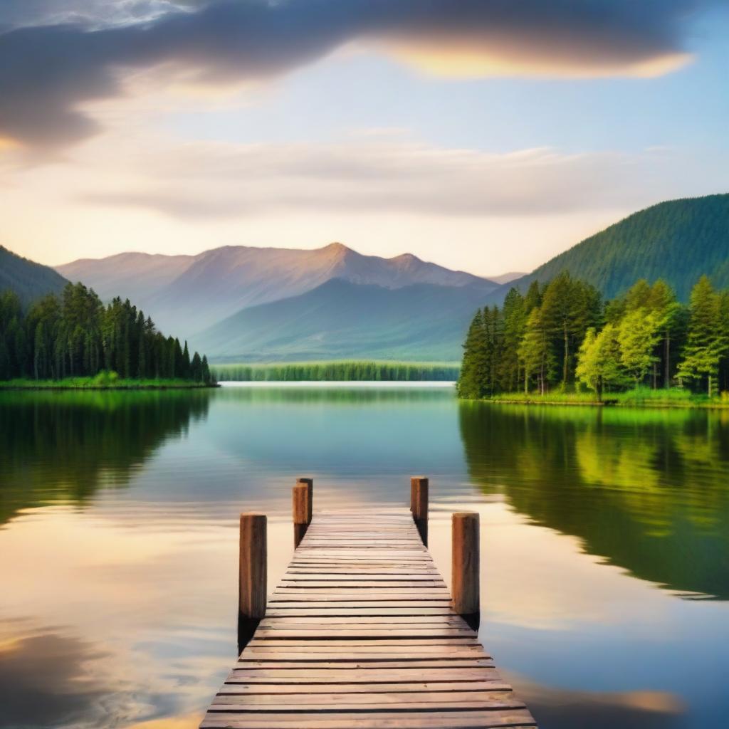 A serene and peaceful landscape with a calm lake surrounded by lush greenery and distant mountains