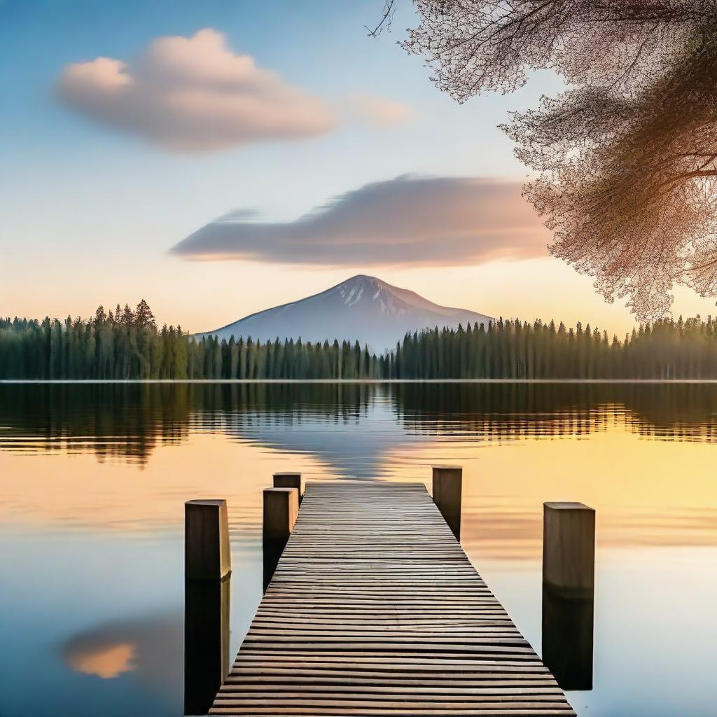 A serene and peaceful landscape with a calm lake surrounded by lush greenery and distant mountains