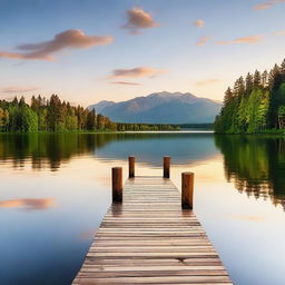 A serene and peaceful landscape with a calm lake surrounded by lush greenery and distant mountains