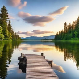 A serene and peaceful landscape with a calm lake surrounded by lush greenery and distant mountains