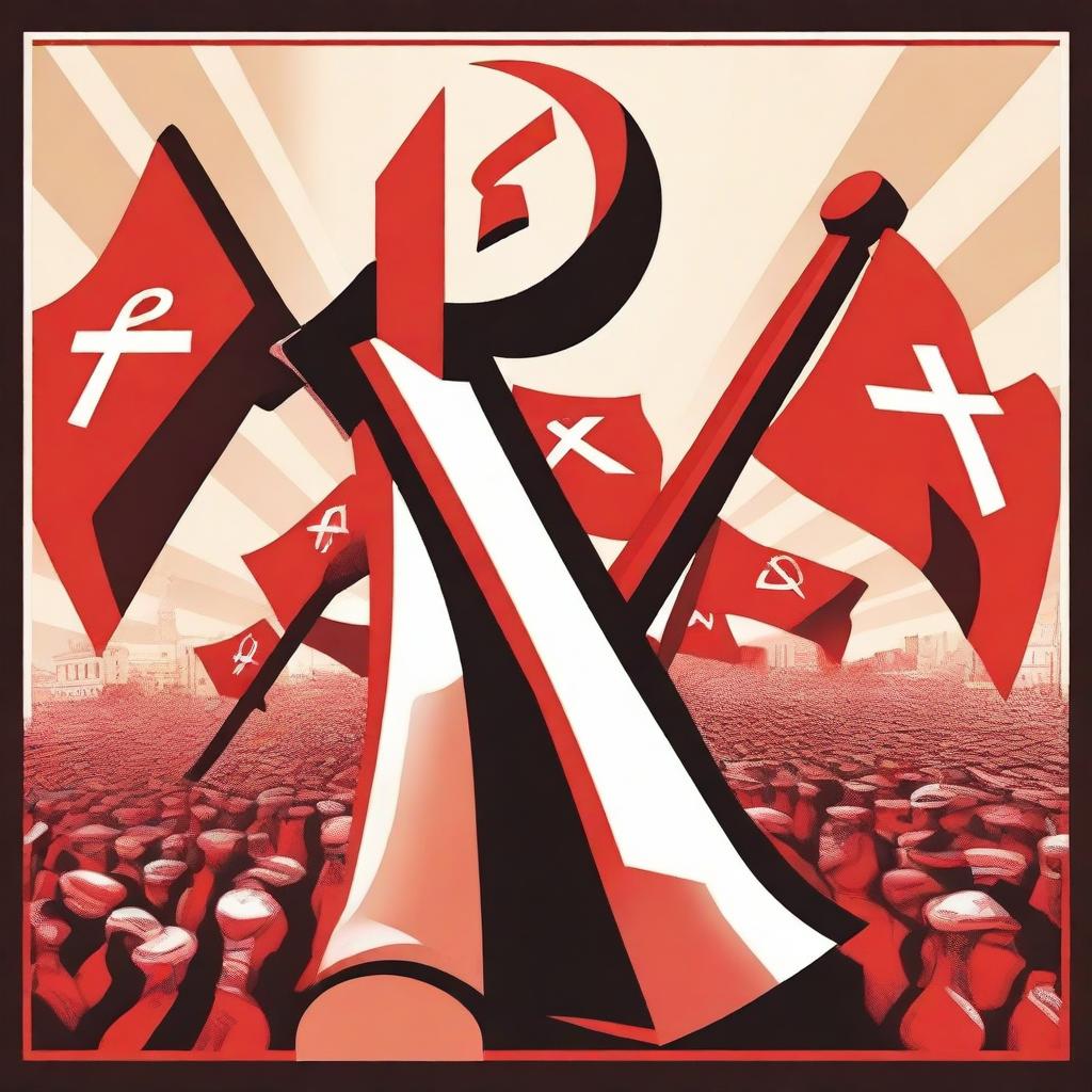 A detailed illustration representing the concept of communism, featuring symbols like the hammer and sickle, red flags, and workers united in solidarity