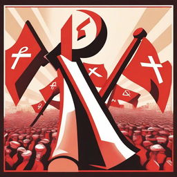 A detailed illustration representing the concept of communism, featuring symbols like the hammer and sickle, red flags, and workers united in solidarity