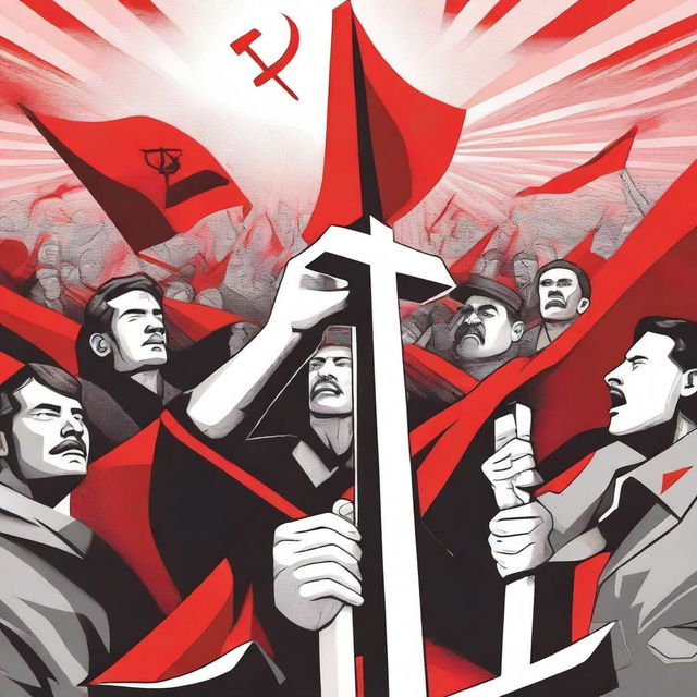 A detailed illustration representing the concept of communism, featuring symbols like the hammer and sickle, red flags, and workers united in solidarity