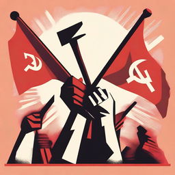 A detailed illustration representing the concept of communism, featuring symbols like the hammer and sickle, red flags, and workers united in solidarity