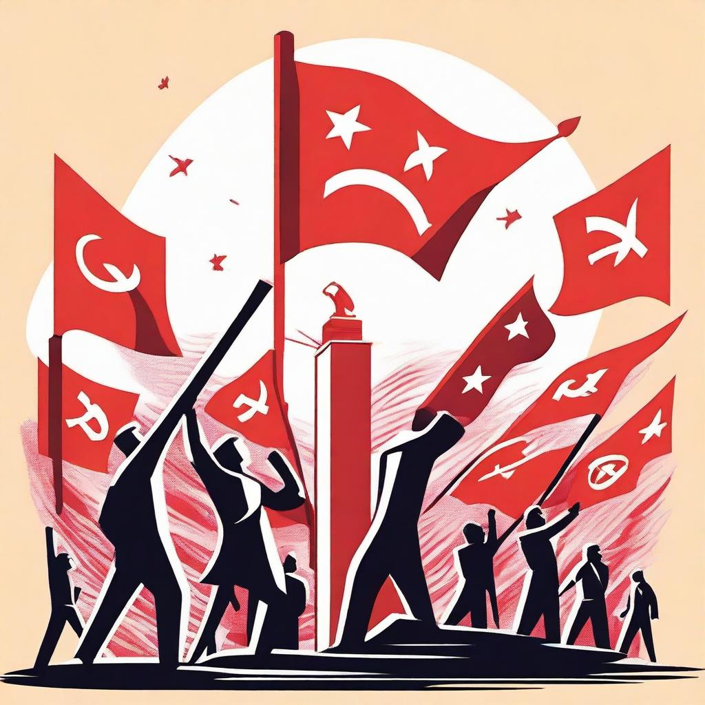 A detailed illustration representing the concept of communism, featuring symbols like the hammer and sickle, red flags, and workers united in solidarity