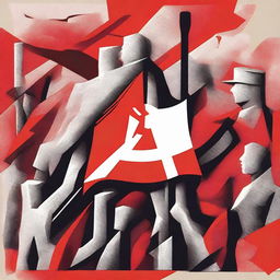 A detailed illustration representing the concept of communism, featuring symbols like the hammer and sickle, red flags, and workers united in solidarity