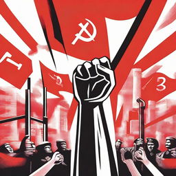 A detailed illustration representing the concept of communism, featuring symbols like the hammer and sickle, red flags, and workers united in solidarity