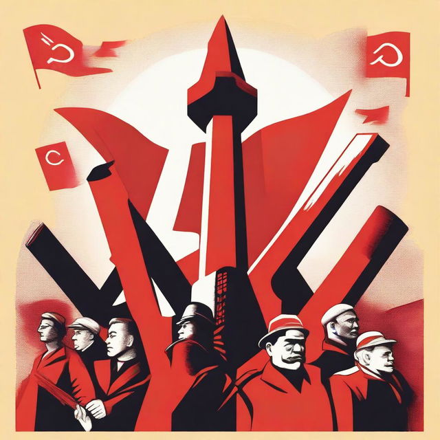 A detailed illustration representing the concept of communism, featuring symbols like the hammer and sickle, red flags, and workers united in solidarity