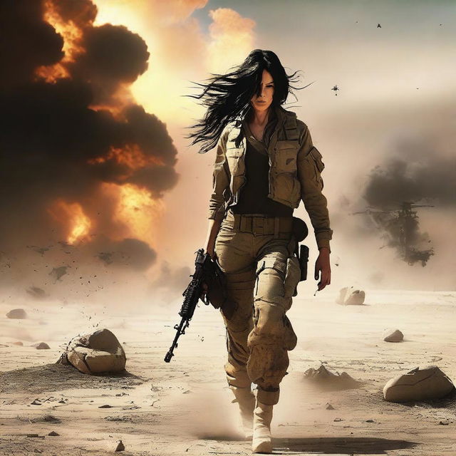 A movie poster featuring a female soldier with a torn and tattered uniform