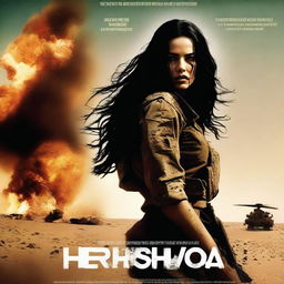 Create a movie poster featuring a female soldier with long black hair, around age 30, in a torn and tattered uniform