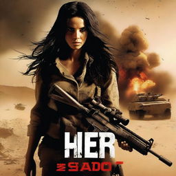 Create a movie poster featuring a female soldier with long black hair, around age 30, in a torn and tattered uniform