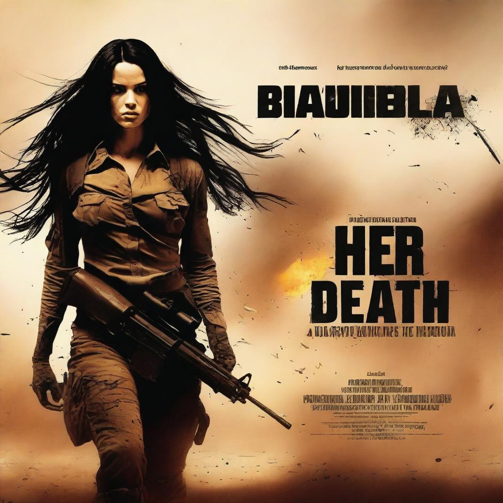 Create a movie poster featuring a female soldier with long black hair, around age 30, in a torn and tattered uniform