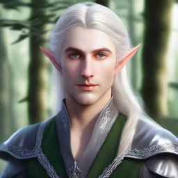 A detailed portrait of a 28-year-old male elf with platinum blond hair and striking silver eyes