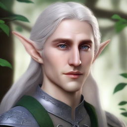 A detailed portrait of a 28-year-old male elf with platinum blond hair and striking silver eyes