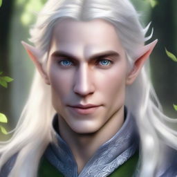 A detailed portrait of a 28-year-old male elf with platinum blond hair and striking silver eyes