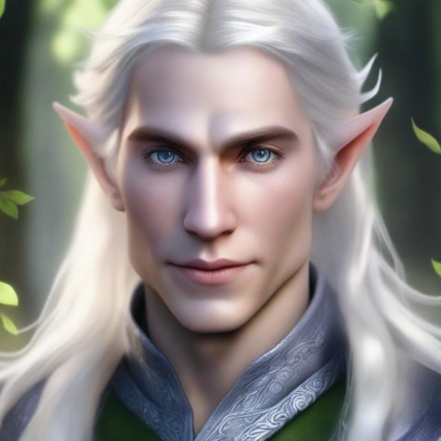 A detailed portrait of a 28-year-old male elf with platinum blond hair and striking silver eyes