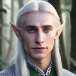 A detailed portrait of a 28-year-old male elf with platinum blond hair and striking silver eyes