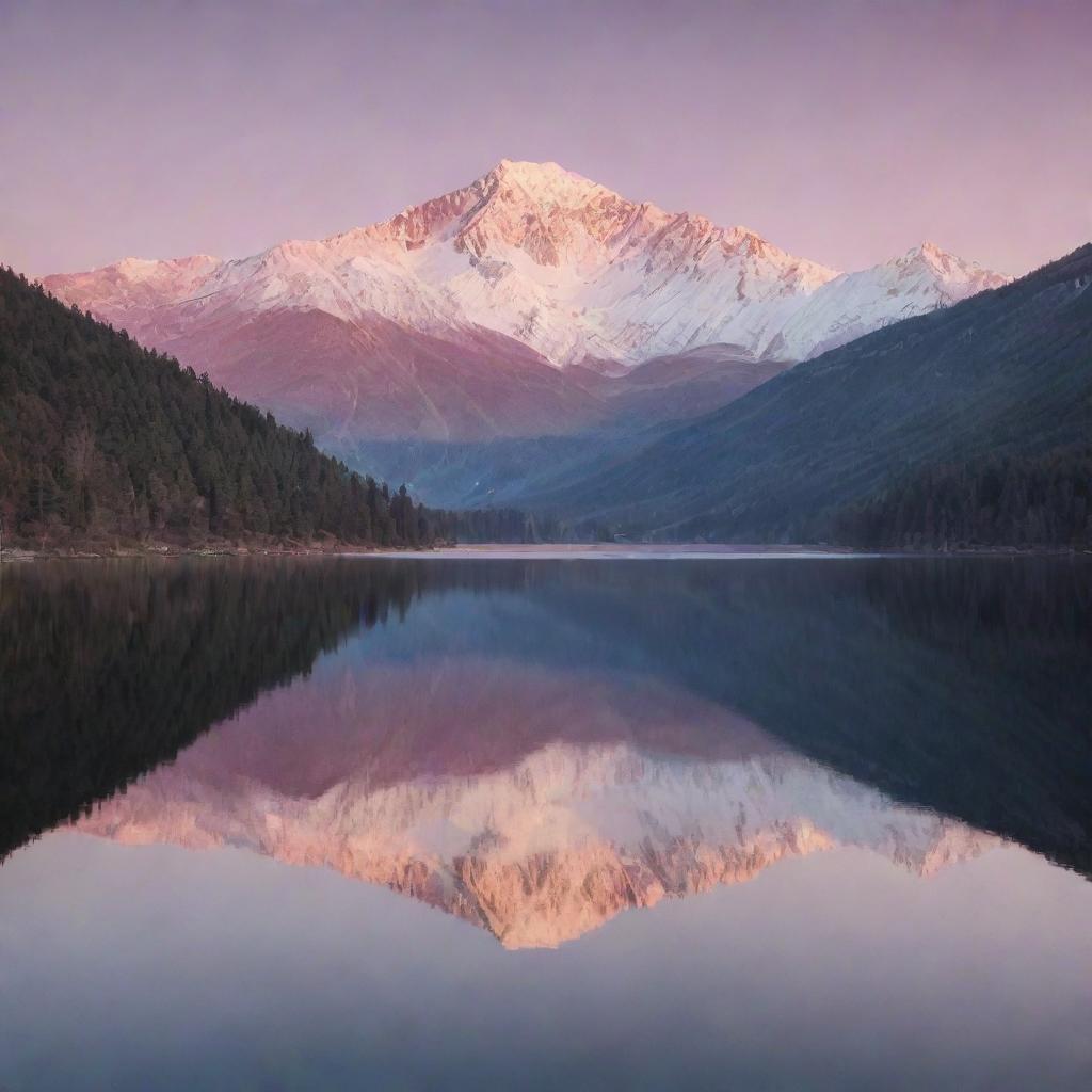 A serene landscape image with snowy mountains reflected in a clear, tranquil lake at dawn, with a rosy sunrise peeking over the highest peak.