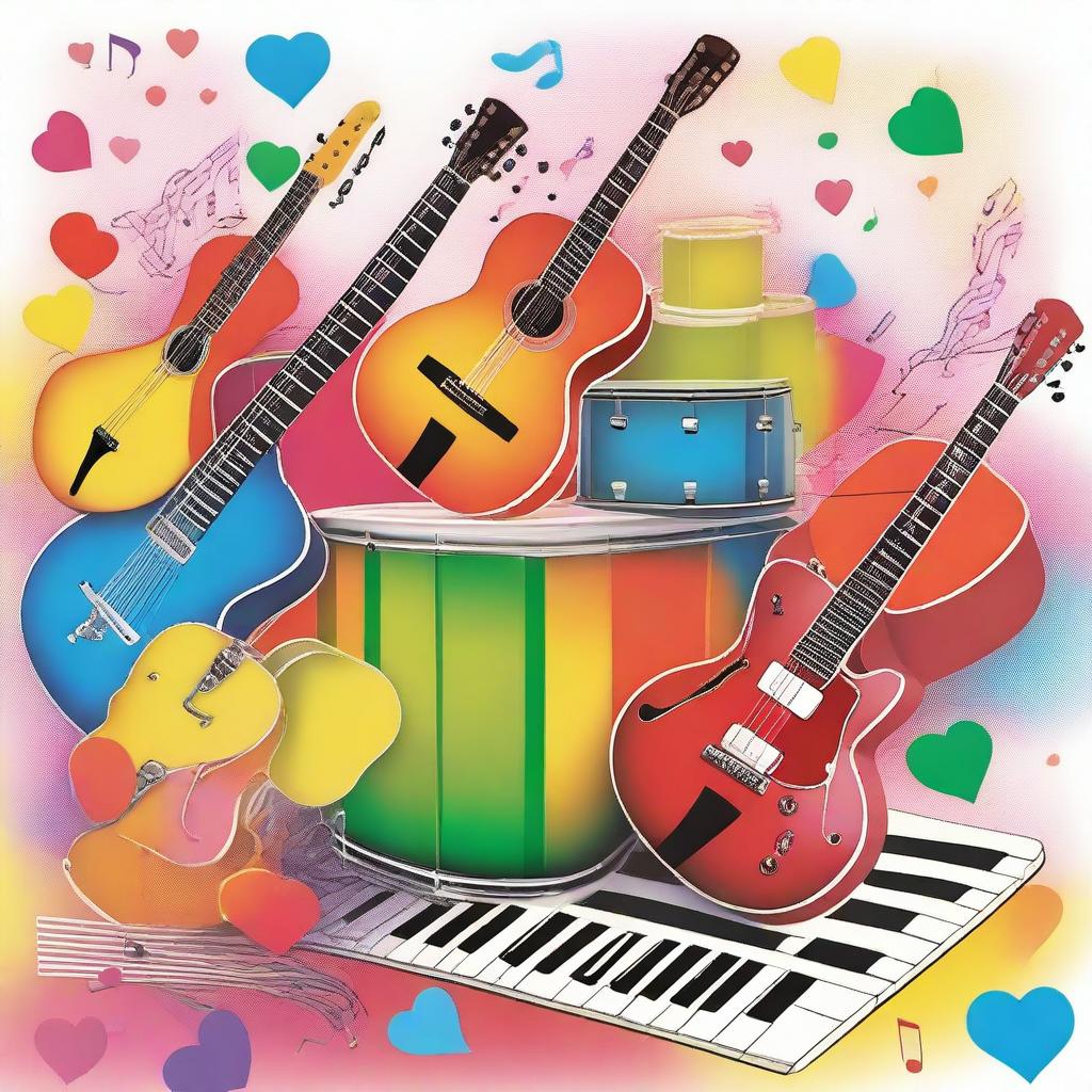 A vibrant and lively scene featuring musical instruments such as guitars, drums, and keyboards