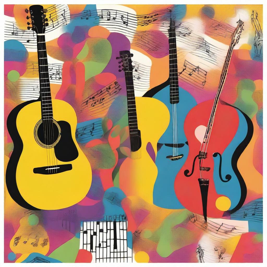 A vibrant and lively scene featuring musical instruments such as guitars, drums, and keyboards