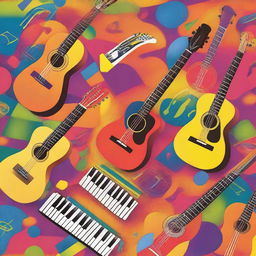 A vibrant and lively scene featuring musical instruments such as guitars, drums, and keyboards