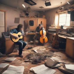 A chaotic recording studio scene with musicians playing various instruments wildly