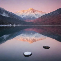 A serene landscape image with snowy mountains reflected in a clear, tranquil lake at dawn, with a rosy sunrise peeking over the highest peak.