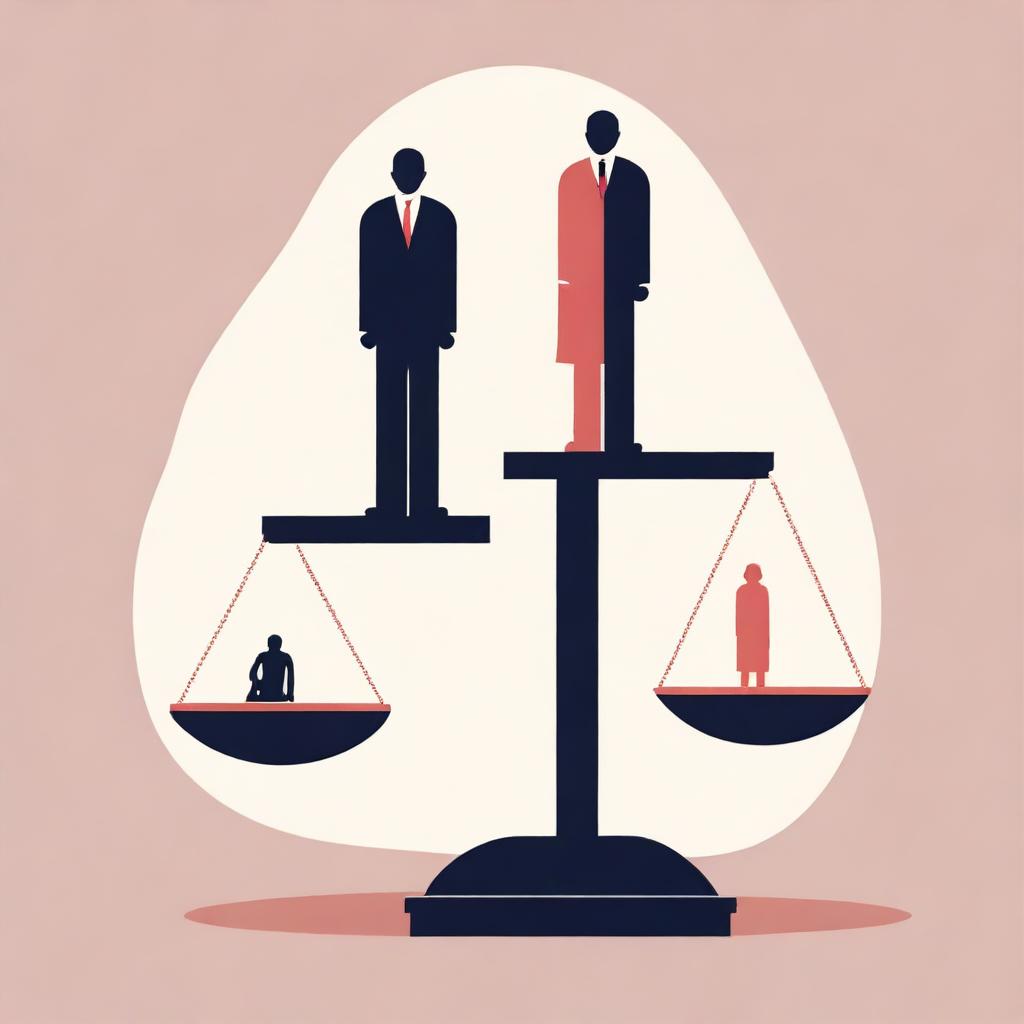 A powerful illustration depicting gender inequality, showing a woman and a man on a balanced scale, with the scale heavily tilted in favor of the man